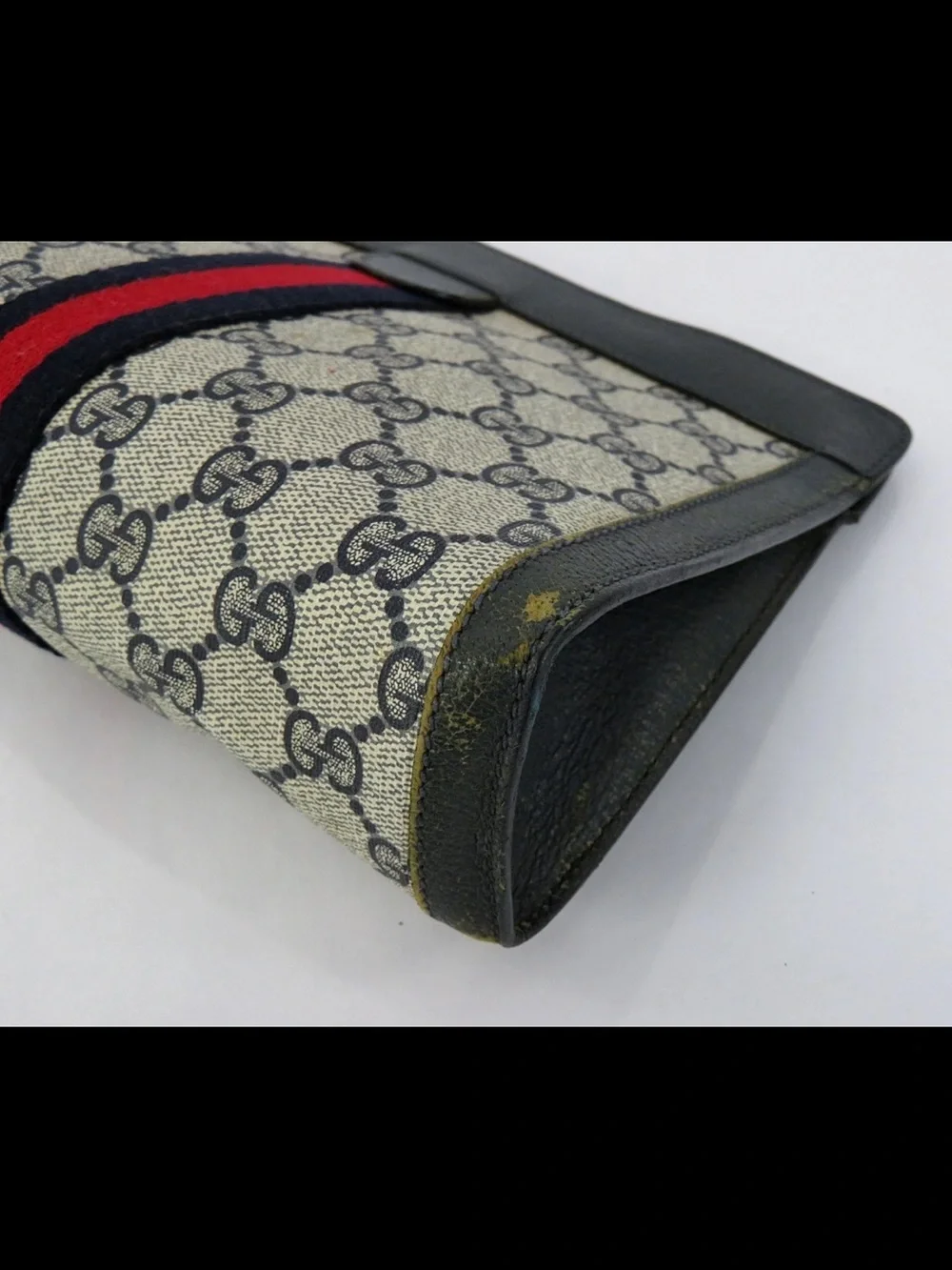 Gucci Beige GG Canvas Clutch with Black Trim and Red/Navy Web Stripe